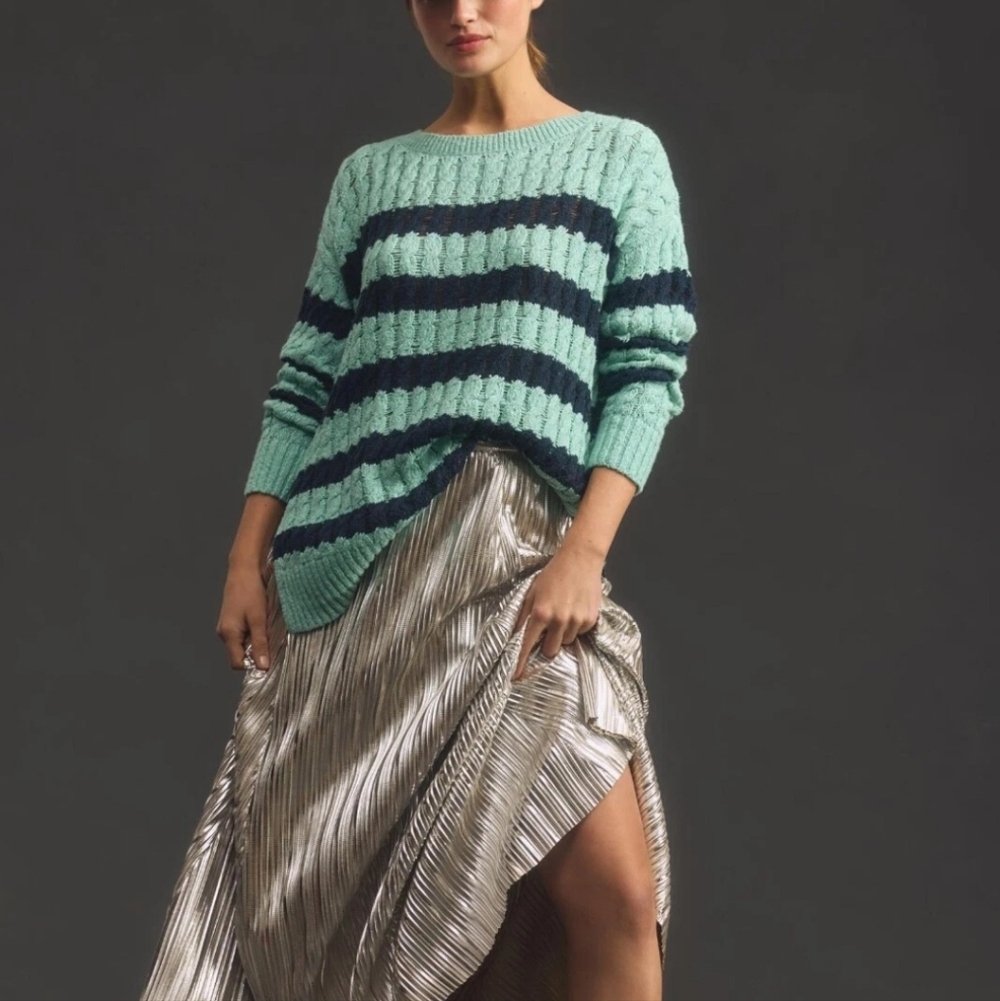 PILCRO Longline Stitch Sweater Women XL Turquoise Navy Striped Cable‎ Knit NWTs
